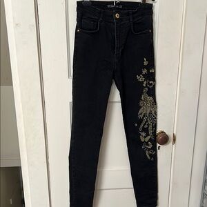 Zara Embroidered skinny Black Jeans